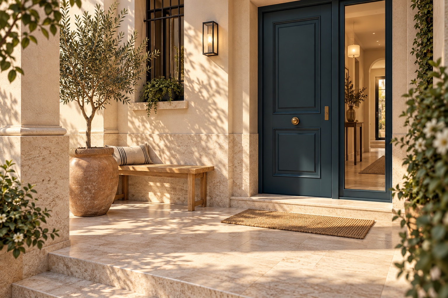 Ilustración de la entrada cuidada de una vivienda con luz natural y un patio tranquilo